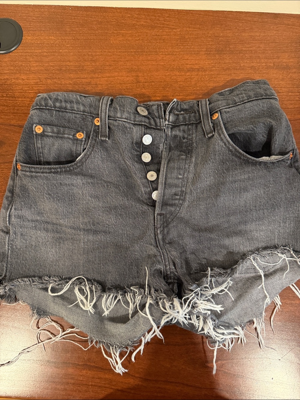 Levi's Black Distressed High-Rise Frayed Denim Shorts